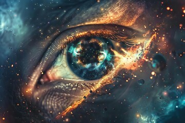 A thought-provoking illustration of a divine eye, filled with the cosmos, gazing upon the universe with infinite wisdom and compassion