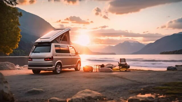 family camping car Go on holiday in a campervan, parked next to the river, with the mountains behind the sunset.