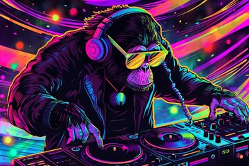 A vibrant, pop art-style illustration of a funky monkey DJ mixing music in a colorful, neon-lit nightclub, digital art