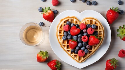 Heart-shaped waffles topped with blueberries, raspberries, and strawberries, served with honey and...