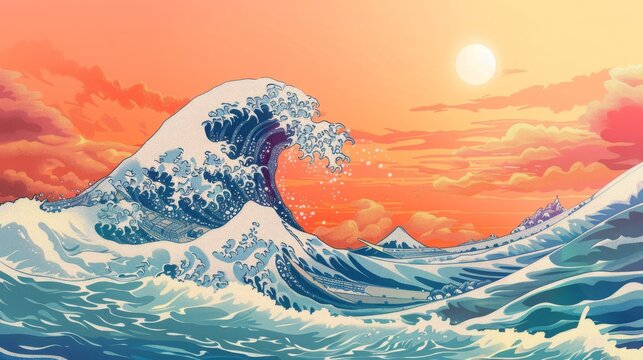 Great wave in ocean, japanese style illustration wallpaper, copy and text space, 16:9