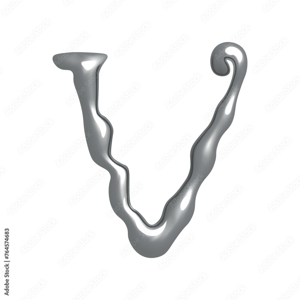 Poster 3d letter v in y2k style with chrome effect. vector illustration isolated on white background
