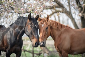 Obraz premium horses with foreheads touching under a blooming cherry tree