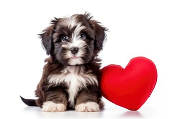 A lover chocolate valentine havanese puppy dog with a red heart isolated on white background and copy space - generative ai