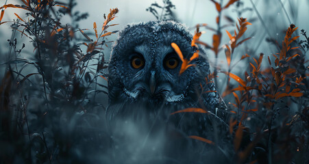 An abstract photograph of an owl that captures layers of vibrant hues across the canvas of the frame, evoking a sense of ethereal movement & emotion through masterful use of composition & technique 