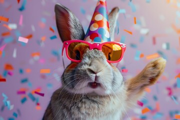Cheerful Rabbit Celebrates with Festive Accessories and Confetti - obrazy, fototapety, plakaty