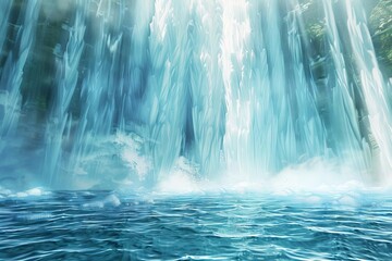 An awe-inspiring, photorealistic illustration of a majestic, divine waterfall cascading from the heavens into a pristine, ethereal pool - obrazy, fototapety, plakaty
