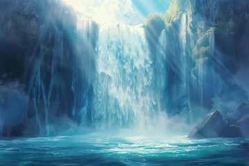 An awe-inspiring, photorealistic illustration of a majestic, divine waterfall cascading from the heavens into a pristine, ethereal pool - obrazy, fototapety, plakaty