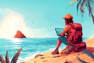 The Ultimate Beachside Bootstrapping Guide: From Sand Dunes Innovation to Pioneering Virtual Beach Offices Amidst Ocean Waves - obrazy, fototapety, plakaty