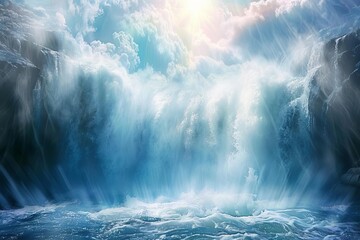 An awe-inspiring, photorealistic illustration of a majestic, divine waterfall cascading from the heavens into a pristine, ethereal pool