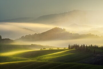 Landscape in Tuscany in the sunrise, Illustration