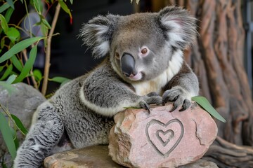 Fototapeta premium koala in zoo habitat, leaning on a heartengraved stone