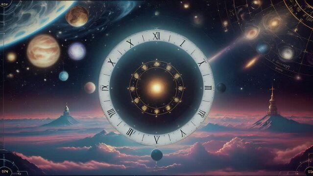 Astrological zodiac circle against a backdrop of space and mountains. The concept of astrology and mysticism.
