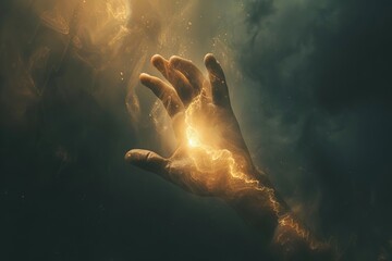 An ethereal illustration of a divine hand reaching down from the heavens, offering guidance and salvation - obrazy, fototapety, plakaty