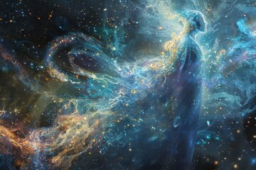 An otherworldly digital painting of a cosmic, nebulous deity with stars and galaxies swirling within its form