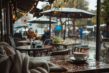 A cozy cafe on a rainy day, with patrons cozied up with blankets and umbrellas, sipping on comforting beverages and watching the raindrops fall, Generative AI