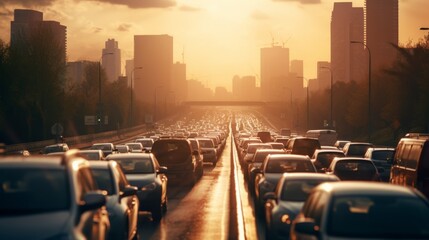  Car rush hours city street. Cars on highway in traffic jam  - obrazy, fototapety, plakaty