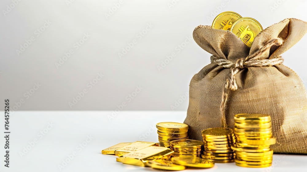 Poster generative ai : gold coins are stacked on top of each other in a treasure sack and a gold bar