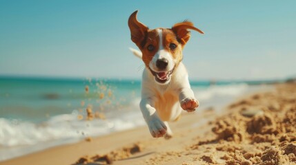 Cute funny dog jumps and runs at the beach