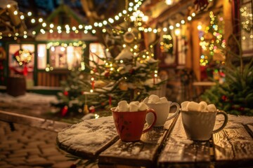 Fototapeta na wymiar A cozy winter cafe adorned with twinkling holiday lights, festive decorations, and steaming mugs of hot cocoa topped with marshmallows, Generative AI
