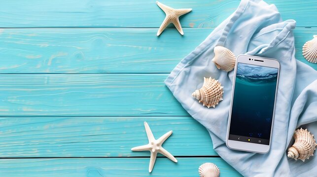 Generative AI : Creative flat lay concept of summer travel vacations. Top view of beach towel smartphone seashells starfish  - Powered by Adobe