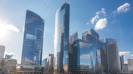 Fototapeta premium Generative AI : Modern buildings. Glass facade skyscrapers on a bright sunny day 