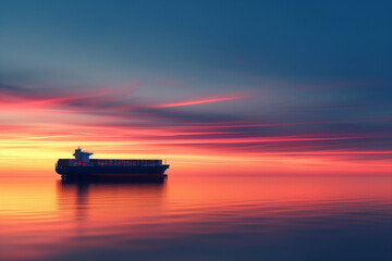 A cargo ship silhouette against the dawn sky