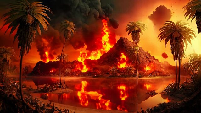 Prehistoric landscape from 10,000 BC, features active or inactive volcanoes and lava flows that can be both dramatic and dangerous. Spewing of molten lava and ash resulting in formation of lavic stone