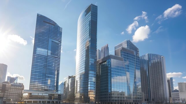 Generative AI : Modern buildings. Glass facade skyscrapers on a bright sunny day 