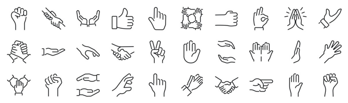 Set of 30 outline icons related to hands. Linear icon collection. Editable stroke. Vector illustration