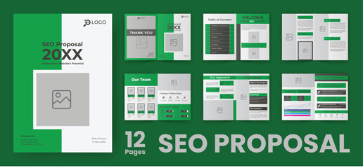 SEO Project Proposal Brochure Template. Multipurpose Project Design with Green Rectangle Shapes. 16 Pages A4 Bi Fold Pamphlet with Places for Image