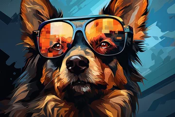 Fotobehang Dog donning reflective sunglasses, showcasing an essence of urban cool and fashionable flair © Paworn