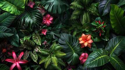 Lush tropical jungle, diverse plant life, vivid color contrasts, intricate patterns - obrazy, fototapety, plakaty