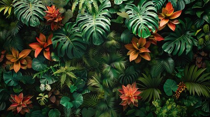 Lush tropical jungle, diverse plant life, vivid color contrasts, intricate patterns - obrazy, fototapety, plakaty