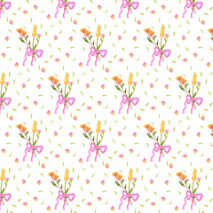 Seamless pattern with wild flowers. Summer floral background in retro style. Decorated backdrop for wallpaper and fabric with a bouquet. For bed linen, fabric and clothing. Vector illustration