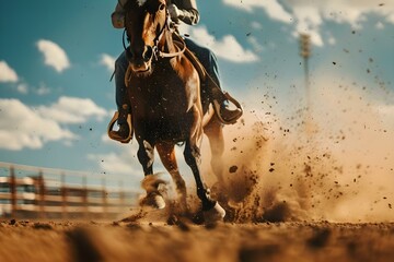 Cowboy and horse galloping in rodeo arena. Concept Western Theme, Rodeo Action, Horseback Riding, Cowboy Lifestyle, High-Speed Gallop