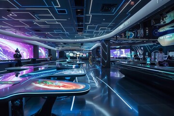 A futuristic cafe with holographic menus, robotic servers, and interactive tables that change colors and patterns with a touch, Generative AI - obrazy, fototapety, plakaty