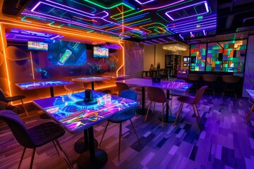 A futuristic cafe with holographic menus, robotic servers, and interactive tables that change colors and patterns with a touch, Generative AI - obrazy, fototapety, plakaty