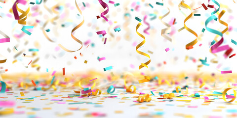 Beautiful Colorful Confetti and Streamers on White Background Celebrate Your Birthday, Lots of colorful tiny confetti and ribbons on transparent background festive event and party, 

 - obrazy, fototapety, plakaty
