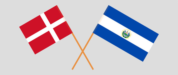 Crossed flags of Denmark and El Salvador. Official colors. Correct proportion
