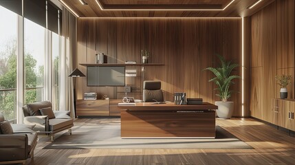 Clean and simple minimal style office, with a spacious desk, wooden floor and walls. A large window brightens the space, while comfortable office chairs and a cozy sofa provide comfort. The soft tones