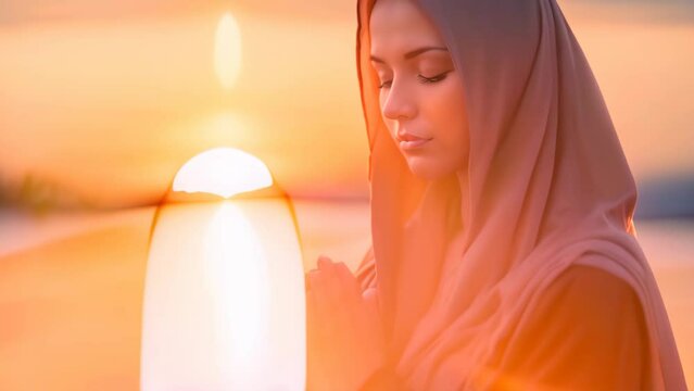 A woman wearing a headscarf stands in front of a tranquil body of water, Young muslim woman hijab honesty pray to God on sunset, AI Generated