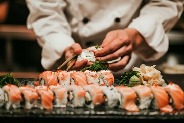 cook arranging sushi on a platter with garnishes