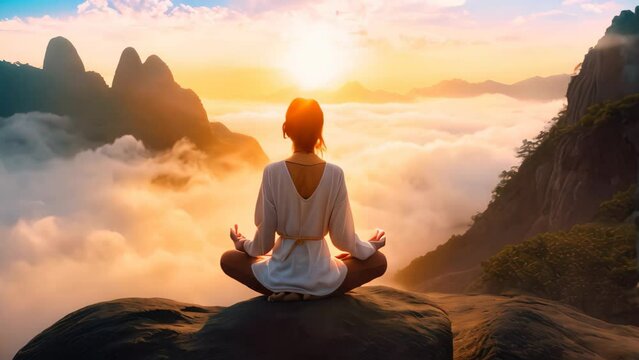 A woman finds serenity and peace as she meditates on top of a majestic mountain, Young woman meditating at dawn on a mountain with panoramic views, AI Generated