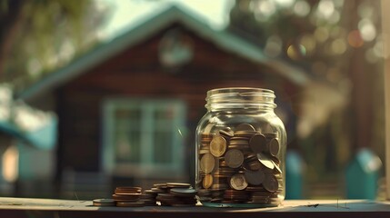 Generative AI : Coins stack and a glass jar of full coins in front of wooden houses, 