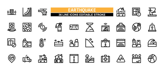 36 Earthquake Line Icons Set Pack Editable Stroke Vector Illustration. - obrazy, fototapety, plakaty