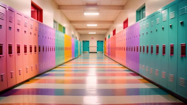 3D render of a school corridor with lockers in bright colors, A colorful school hallway with lockers captured at dawn before school starts, AI Generated