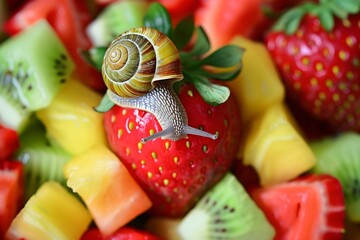 top view of a snail on a strawberry in a colorful fruit salad - Powered by Adobe