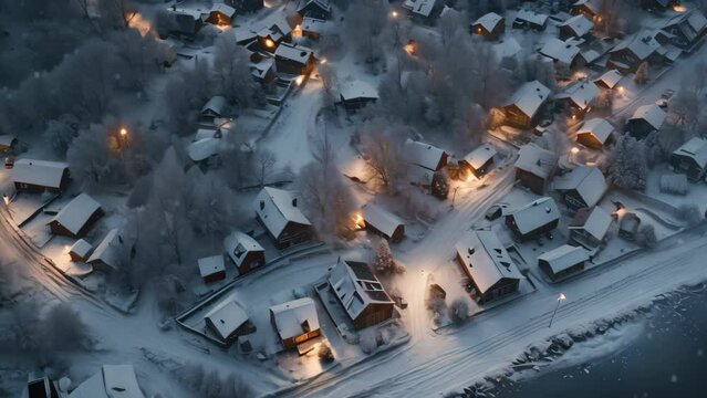 Aerial view of the small fishing village in winter at night, Aerial photography of a beautiful snow covered village in winter evening, AI Generated