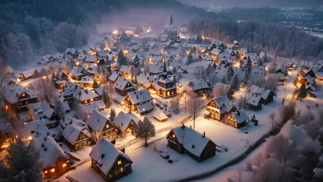 Winter village in Carpathian mountains, Ukraine. View from above, Aerial photography of a beautiful snow covered village in winter evening, AI Generated